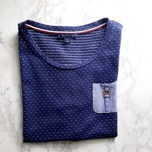 Tommy Hilfiger Contrast Denim Pocket Metal H Logo Scoop Neck Tiny Dots Top L
